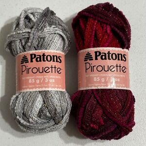 Vintage Patons Pirouette Yarn 2 Skeins Silver Sparkle Deep Wine Shimmer Metallic